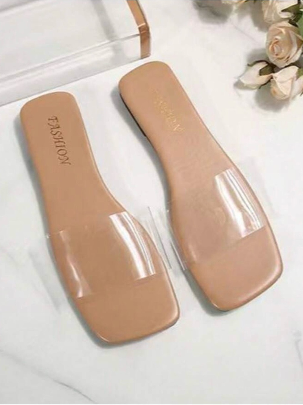 Nude Clear Strap Slide Sandals for Women